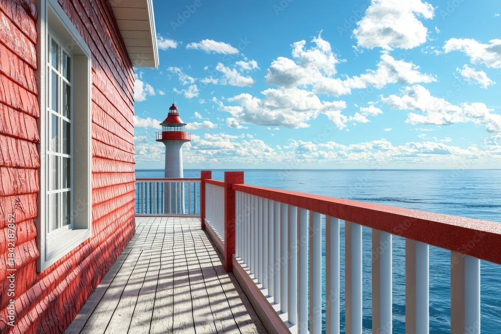 A vibrant red lighthouse stands tall by the ocean, complemented by a wooden balcony that overlooks calm waters. Fluffy clouds drift across the bright blue sky on a sunny day.