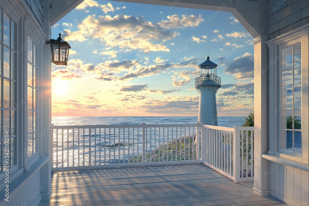 A picturesque scene showcasing a peaceful sunset view from a porch overlooking the ocean. The lighthouse stands tall, illuminating the tranquil waters while clouds add drama to the sky.