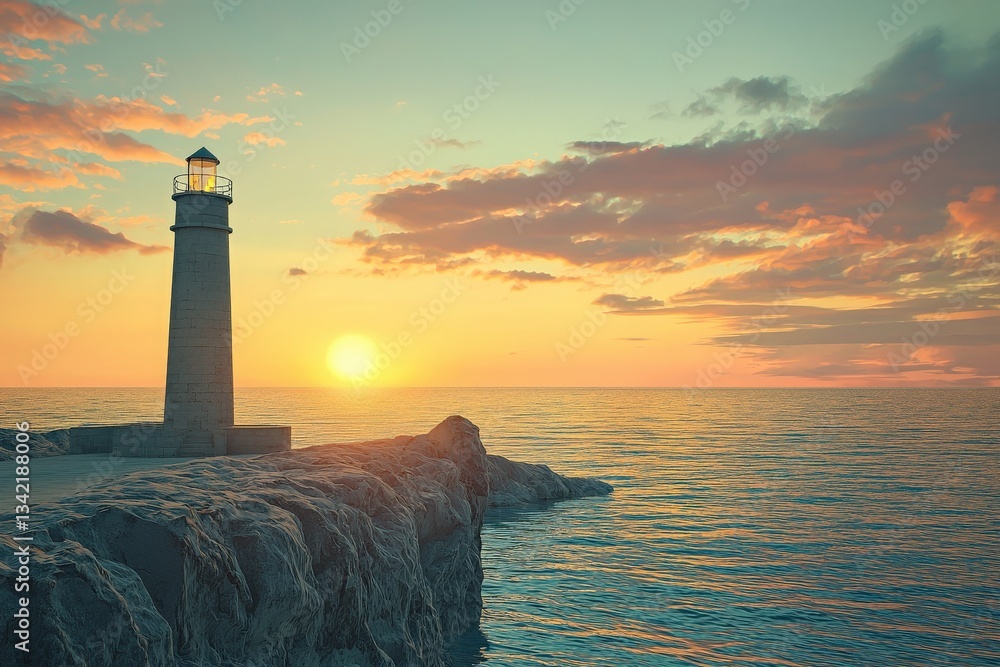 A tall lighthouse stands on a rocky pier as the sun sets on the horizon. Soft clouds fill the sky, reflecting warm colors over the calm sea, creating a serene atmosphere at dusk.