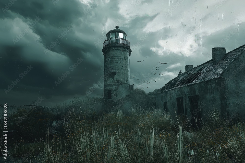 A tall lighthouse rises amidst a backdrop of dark, stormy clouds.