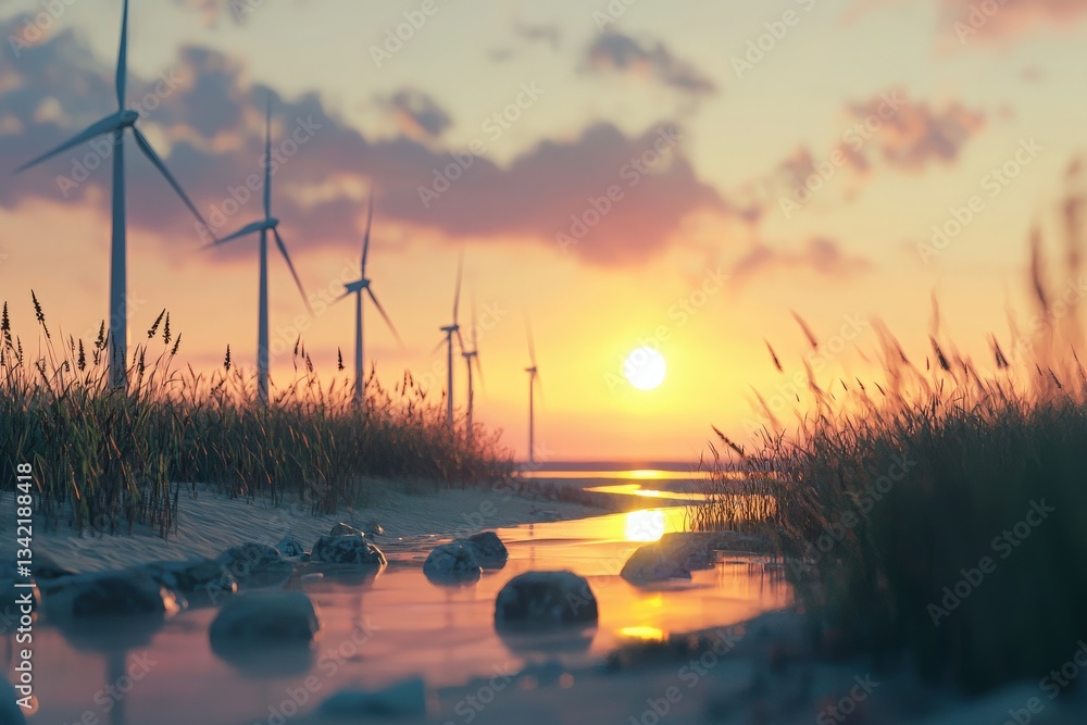 Wind turbines stand tall against a vibrant sunset, reflecting golden hues on a tranquil waterway. Grasses sway in the breeze as the day transitions to night, creating a peaceful atmosphere.