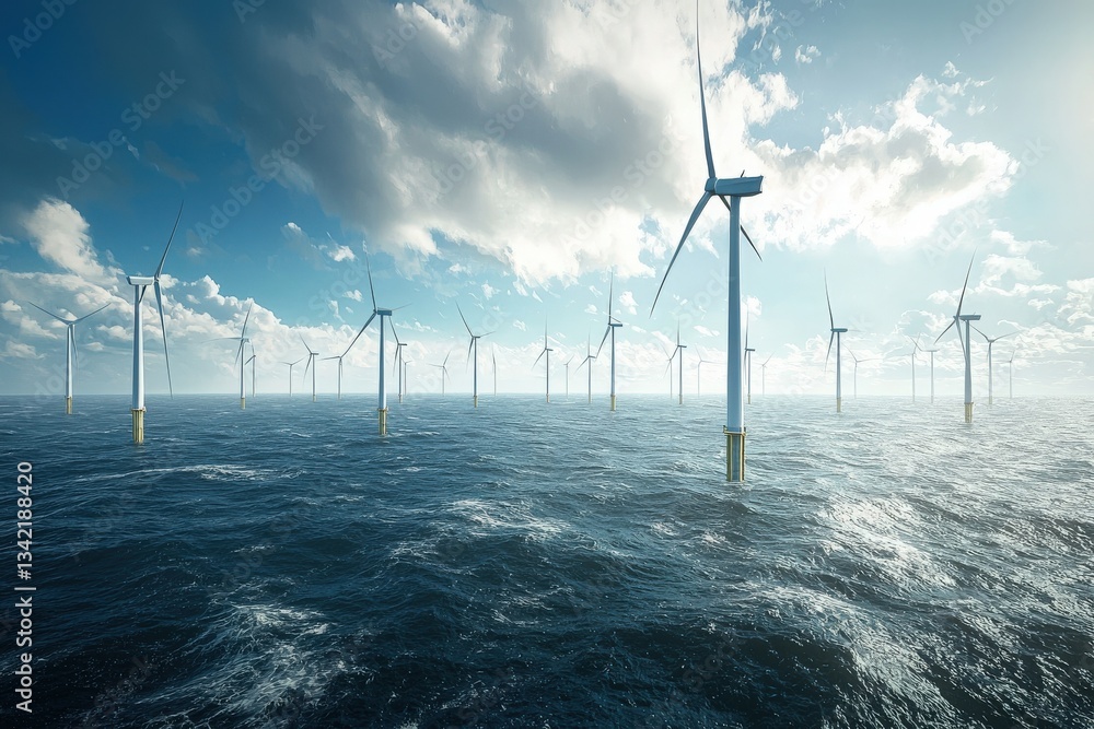Rows of wind turbines stand tall above the ocean waves, harnessing wind power to produce renewable energy. The blue water reflects the cloudy sky, creating a serene atmosphere.