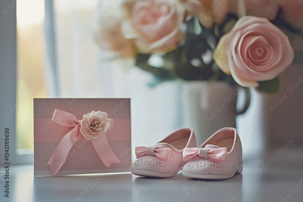 Delicate baby shoes with bows are placed next to an elegant greeting card adorned with a flower. A soft light filters through the window, illuminating the charming floral arrangement nearby.