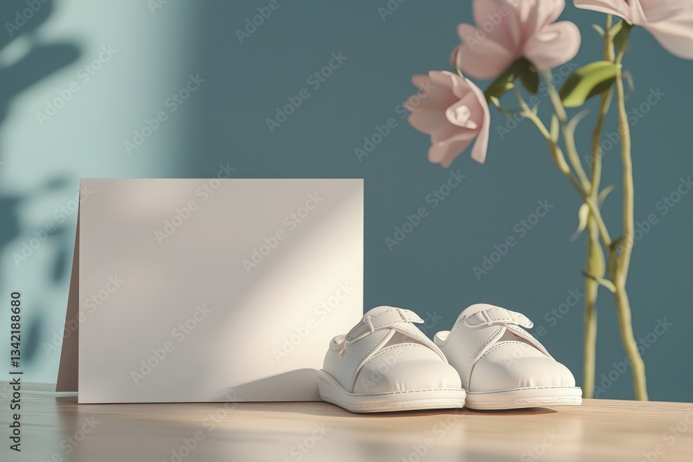 Small white shoes sit next to a blank card on a wooden surface, illuminated by soft light. A vase with flowers adds a touch of decoration, enhancing the cozy atmosphere of the setting.