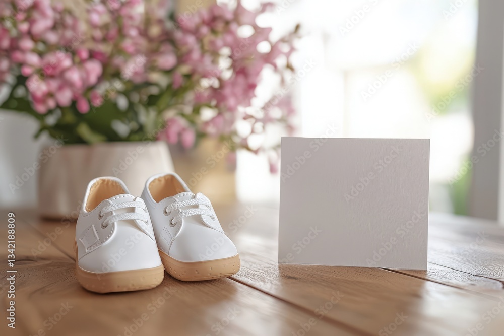 A pair of white baby shoes sits on a polished wooden table next to a blank card. The background features a vase of pink flowers, creating a charming and inviting atmosphere.