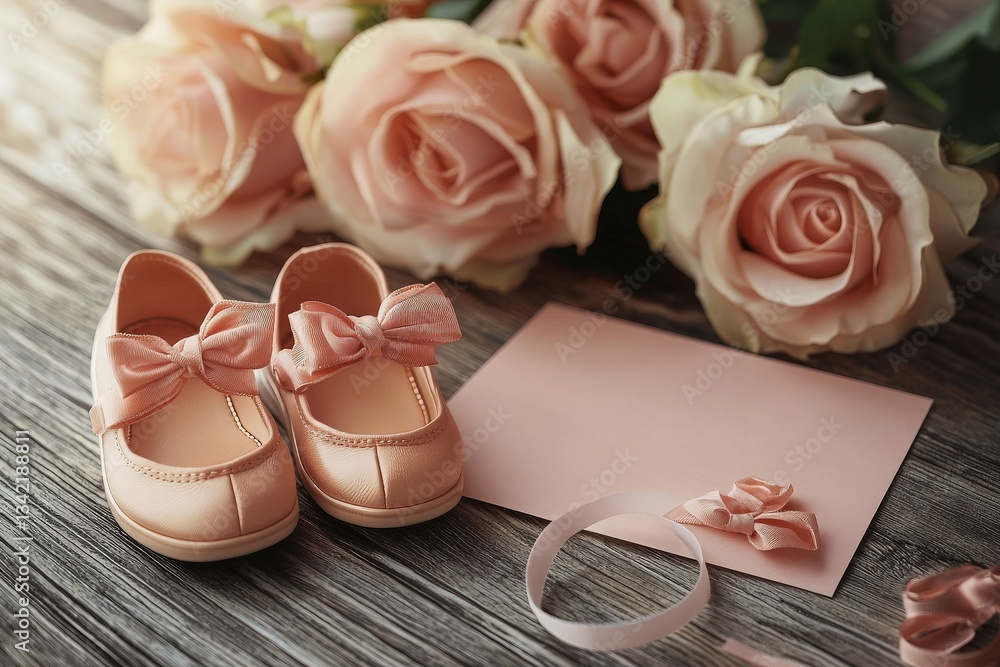 A pair of delicate pink baby shoes with bows rests on a wooden table, accompanied by soft roses and a pastel card, creating a charming setting for a celebration or gift.