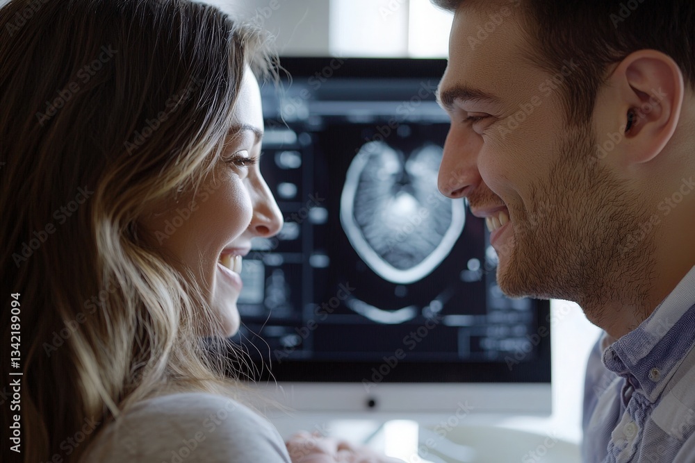 A couple smiles at each other while looking at a medical imaging screen in a clinic. The sunny atmosphere enhances their joyful interaction as they discuss the results together.