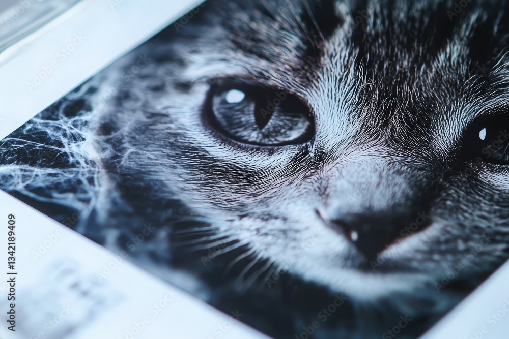 A close-up view of a cats face highlights intricate fur patterns and expressive eyes. This monochrome depiction emphasizes the felines unique features and captivating gaze.