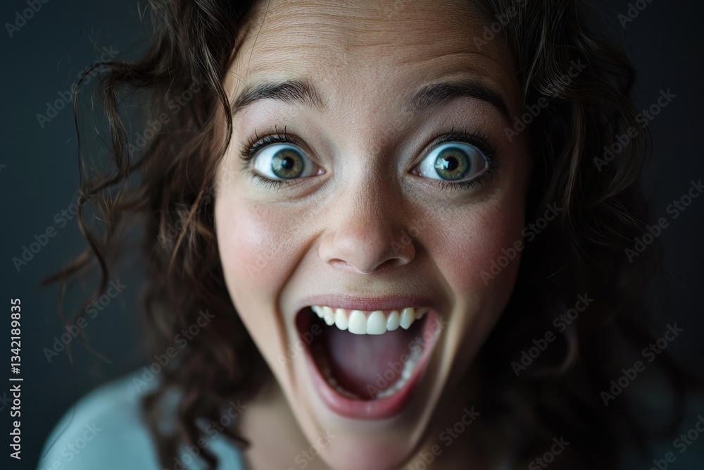 A young woman with curly hair showcases an expression of pure happiness. Her wide-open eyes and large smile convey excitement and enthusiasm, set against a neutral background.