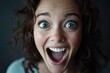 © AiHRG Design - A young woman with curly hair showcases an expression of pure happiness. Her wide-open eyes and large smile convey excitement and enthusiasm, set against a neutral background.