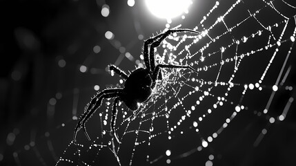 Wall Mural - Intricate black and white digital rendering of a spider and its geometric web with droplets of morning dew shimmering in the sunlight. Psychedelic Web. Illustration