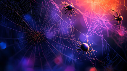 Wall Mural - Halloween background with spider web and spiders. 3d illustration. Psychedelic Web. Illustration