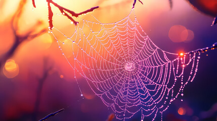 Wall Mural - The delicate spider web was adorned with glittering dew drops like a precious lace veil sparkling in the early dawn. Psychedelic Web. Illustration