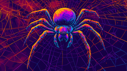 Wall Mural - Vibrant neon spider with glow-in-the-dark web design elements. Psychedelic Web. Illustration