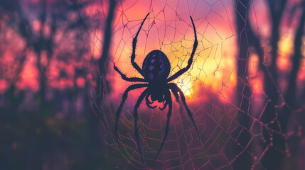 Wall Mural - Black spider hanging from its web in a psychedelic forest at sunset. Psychedelic Web. Illustration