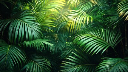 Wall Mural - lush green palm leaves in a vibrant tropical forest under soft sunlight creating a serene atmosphere