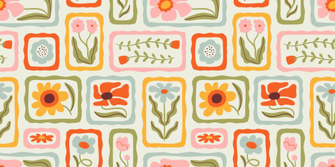 Leinwandbilder - Colorful floral seamless pattern illustration. Vintage style flower frame background design. Geometric natural wallpaper print, spring season nature backdrop texture with flowers.