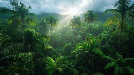 Wall Mural - lush tropical rainforest with sunlight breaking through clouds in the morning