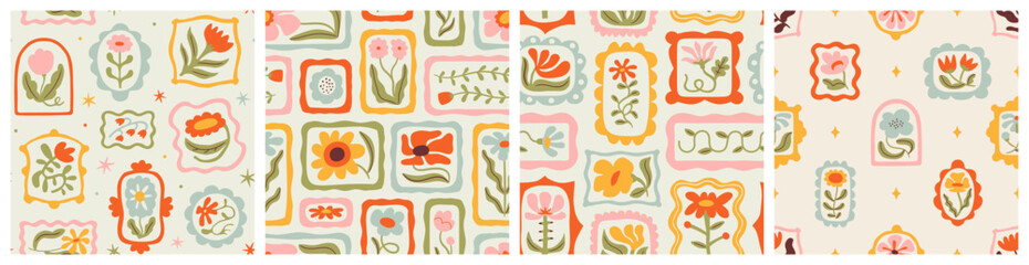 Leinwandbilder - Colorful floral seamless pattern illustration set. Vintage style flower frame background design collection. Geometric natural wallpaper print, spring season nature backdrop texture with flowers.
