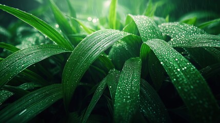 Wall Mural - close-up view of dew-covered green grass during a rainy day in a lush garden environment