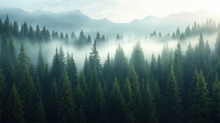 Wall Mural - dense evergreen forest enveloped in morning mist with distant mountains in the background