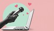© Pete - Collage art of hand holding mic protruding from laptop on pink, mint background. Hearts symbols. News podcast, interview, online radio, public speaking event, love speech concept. Online show art.