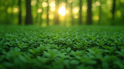 Wall Mural - vibrant green plants basking in warm sunlight in a serene forest setting during the early morning ho