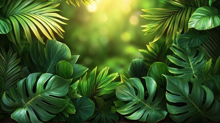 Wall Mural - lush green foliage creating a serene tropical atmosphere in a sunlit forest setting