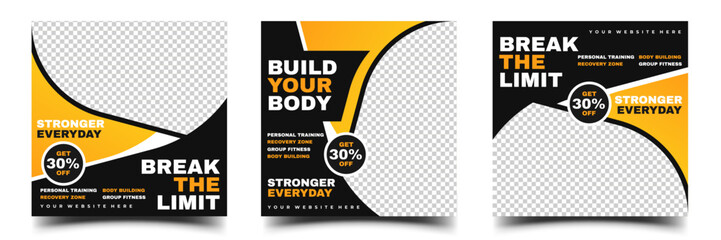 Wall Mural - set of social media post square advertising promotion template for gym and fitness. black and yellow