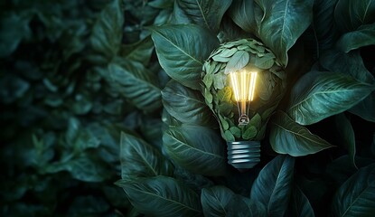 Leinwandbilder - Stylish Light Bulb Surrounded by Lush Green Plant Life Symbolizing Green Energy and Eco Positive Mindset : Generative AI