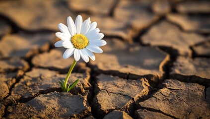 Poster - Resilient daisy flower thriving in dry cracked earth during sunset epitomizing beauty and perseverance of nature : Generative AI