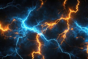 Wall Mural - abstract art depicting clashing blue and orange lightning bolts on a dark background