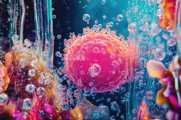 Wall Mural - microscopic view of a cell, vibrant colors, bubbles, liquid