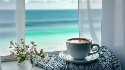 Wall Mural - Cozy coastal window with a cup of coffee and calming ocean view in morning light, Cozy coastal scene with a cup of coffee on a windowsill overlooking ocean, background