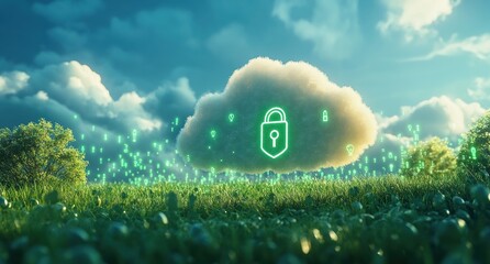 Aufkleber - Cloud computing security: padlock and shield protecting data in a green landscape