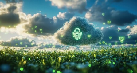Aufkleber - Cloud computing security: padlock protecting data in a green field