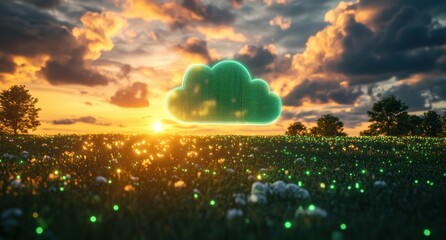 Aufkleber - Glowing cloud server hovers over grass field at sunset, symbolizing modern digital technology