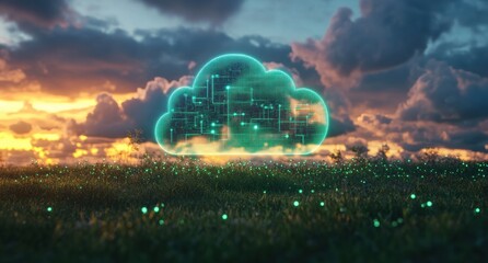 Aufkleber - Cloud computing, data storage, and network sharing at sunset: a futuristic concept of digital technology