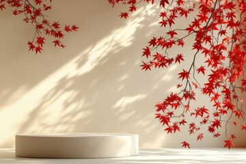 Poster - Empty podium with red maple leaves for product presentation