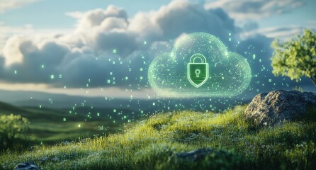 Aufkleber - Cloud computing security: glowing cloud with padlock and shield protects data in green landscape