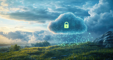 Aufkleber - Cloud computing security: padlock icon protecting data in digital landscape