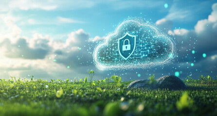 Aufkleber - Cloud computing security: shield and padlock icons protecting data in a green field