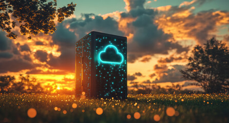 Aufkleber - Server tower with glowing cloud icon in green field at sunset: cloud computing and data security