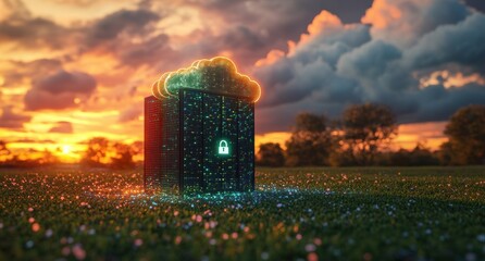Aufkleber - Server cabinet protecting data in virtual private cloud at sunset
