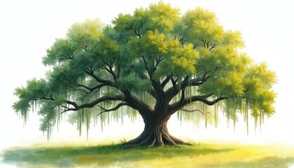 Majestic watercolor oak tree with green leaves, moss. Southern landscape evokes calmness, nature beauty. Artistic illustration features natural elements, blending colors. Fine art design, decorative