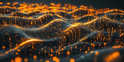 Wall Mural - digital wave patterns showcasing vibrant orange lights in a dark background with a flowing texture