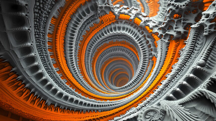 Wall Mural - Abstract fractal design with concentric rings of orange and grey colors, intricate patterns, and interwoven filaments. Interwoven Filaments. Illustration