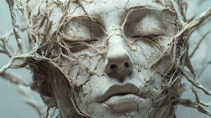 Wall Mural - Close-up of a sculpted face, its skin overlaid with a complex web of branching filaments and interwoven threads. Interwoven Filaments. Illustration