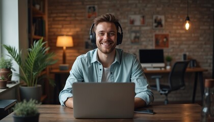 Man smiles using laptop, wears headphones in home studio. Creator works, enjoys online media content. Professional freelance, blogging, web design, listens music, makes cyber actions, video editing.