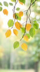 Aufkleber - Vibrant autumn leaves dangling from tree branch, golden sunlight filtering through park foliage